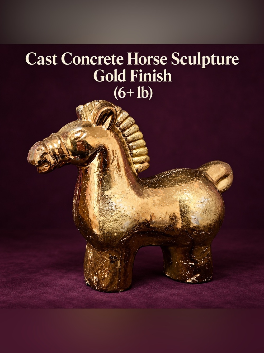 HEAVY Cast Concrete Horse Sculpture – Gold Finish – 6+ LB Statement Piece